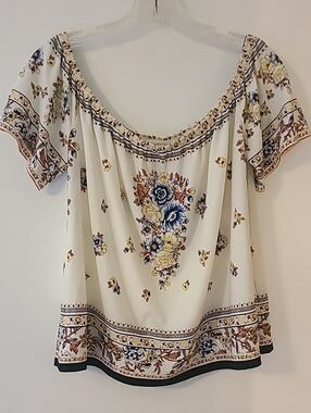 Lydelle Boho Off The Shoulder Floral Blouse Cream Border Print Peasant Top